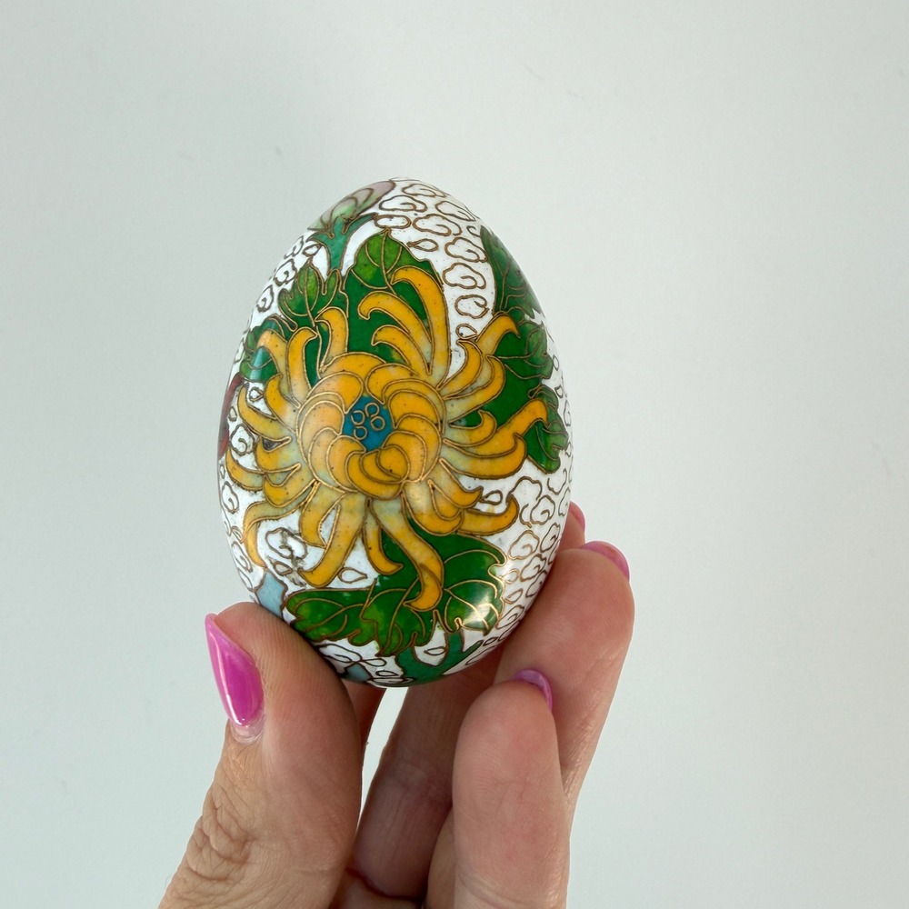 Vintage Chinese Cloisonne Enamel Egg White Floral Bird Motif 2.5 Inch Decor